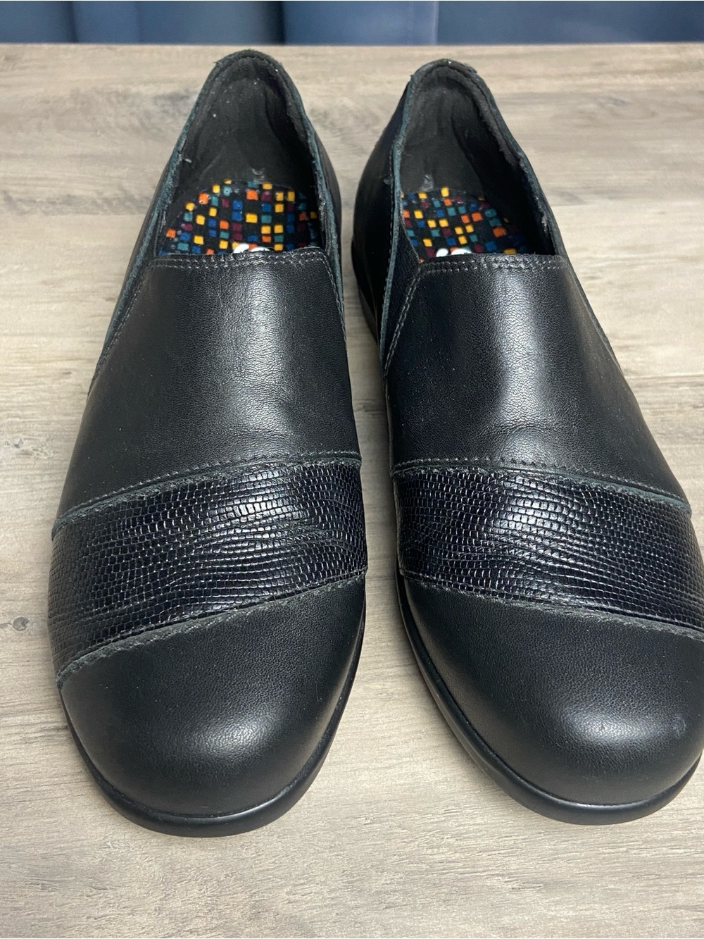 SAS Black Nora Lizard Slip On Wedge Loafers, size 6 W